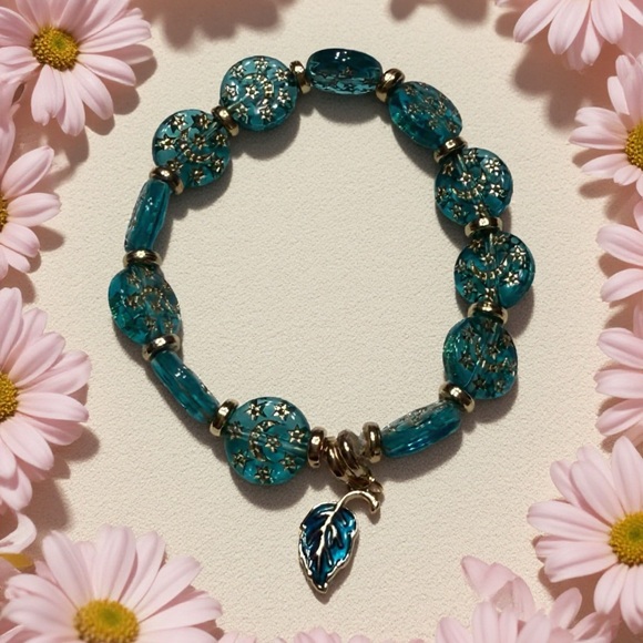 Hand Crafted Jewelry - Hand Crafted Teal Acrylic Bead Bracelet with Gold Accents and Leaf Charm